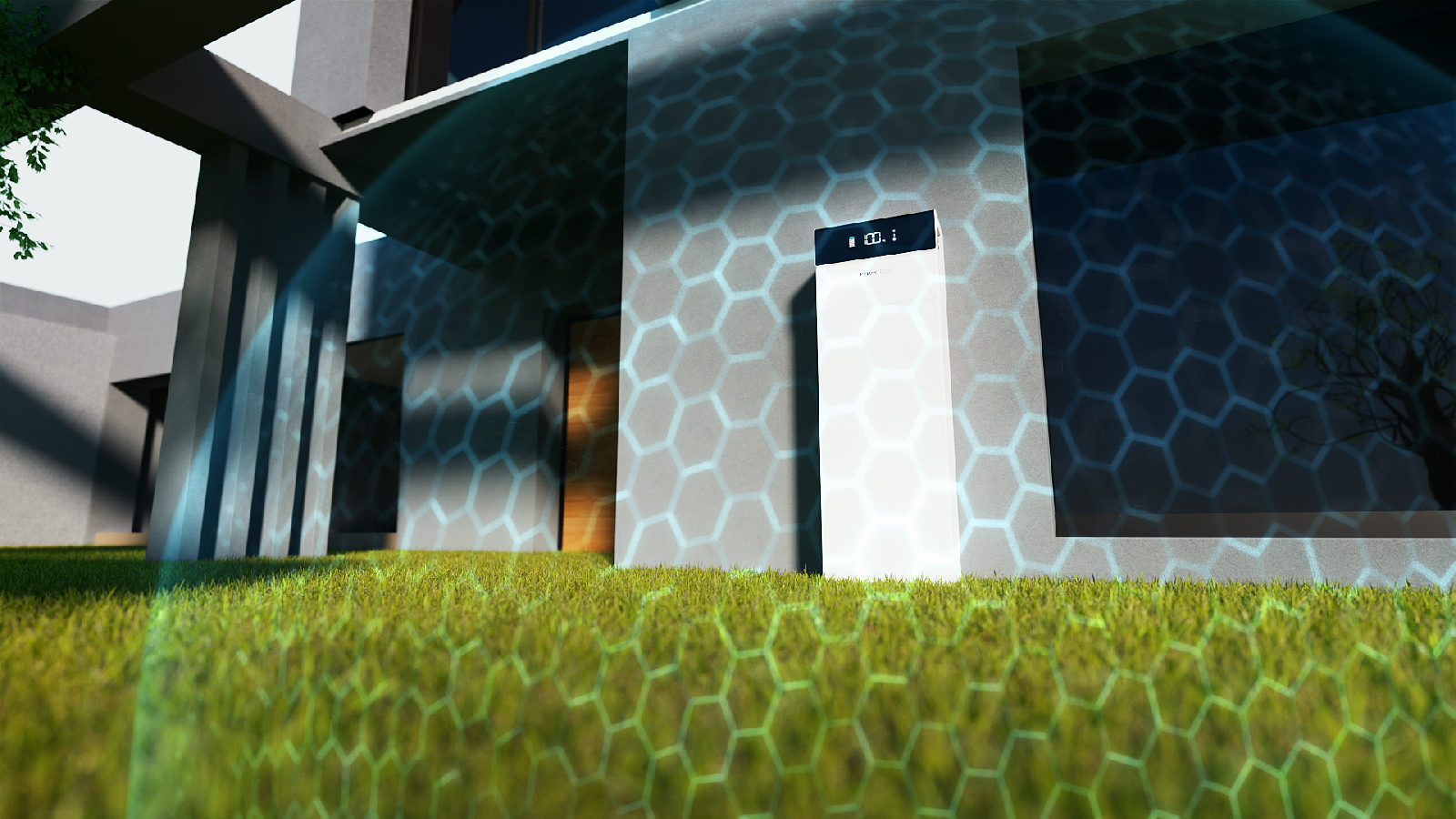Pylontech Force H3X all-in-one thuisbatterij bij een moderne woning met een oplichtend honingraatpatroon.