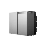 Thumbnail of  Zijaanzicht van de zilverkleurige EcoFlow STREAM AC 5000 thuisbatterij met digitaal display tegen een zwarte achtergrond.