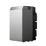 Thumbnail of  Zijaanzicht van de zilverkleurige EcoFlow STREAM AC 5000 thuisbatterij tegen een witte achtergrond.