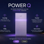 Thumbnail of  Witte modulaire FoxESS Power Q thuisbatterij met paarse verlichting en specificaties over vermogen en veiligheid.