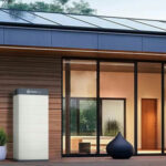 Thumbnail of  Pylontech 15 kWh All-in-one thuisbatterij met H3X-omvormer geplaatst naast een moderne woning met zonnepanelen op het dak.