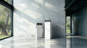 Twee witte Pylontech Force H2 V2 thuisbatterijen in een modern interieur met een betonnen muur en grote ramen.