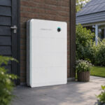 Thumbnail of  Witte Sigenergy Sigen Energy Controller tegen een bakstenen buitenmuur naast een zwarte deur in een tuin.