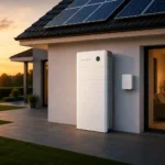 Thumbnail of  Witte Sigenergy Sigenstor thuisbatterij gemonteerd tegen de buitenmuur van een woning met zonnepanelen bij zonsondergang.